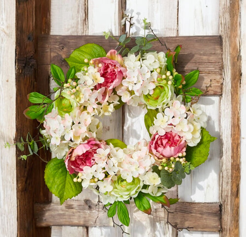 Hydrangea, Peony, & Mixed Greens Wreath, 22"