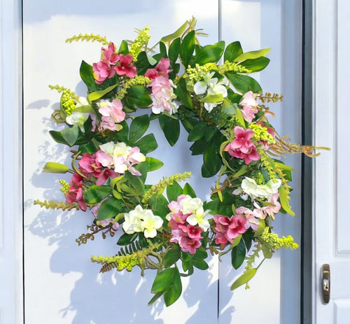 White & Pink Hydrangea with Mixed Greens Wreath, 22"