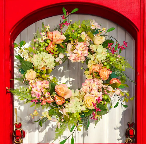 Berries, Flowers & Mixed Foliage Wreath On Twig Base, 26"